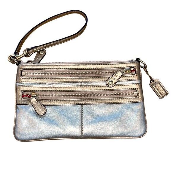 Coach Leather Wristlet Metallic Gold Triple Zippy Pocket - Picture 1 of 9